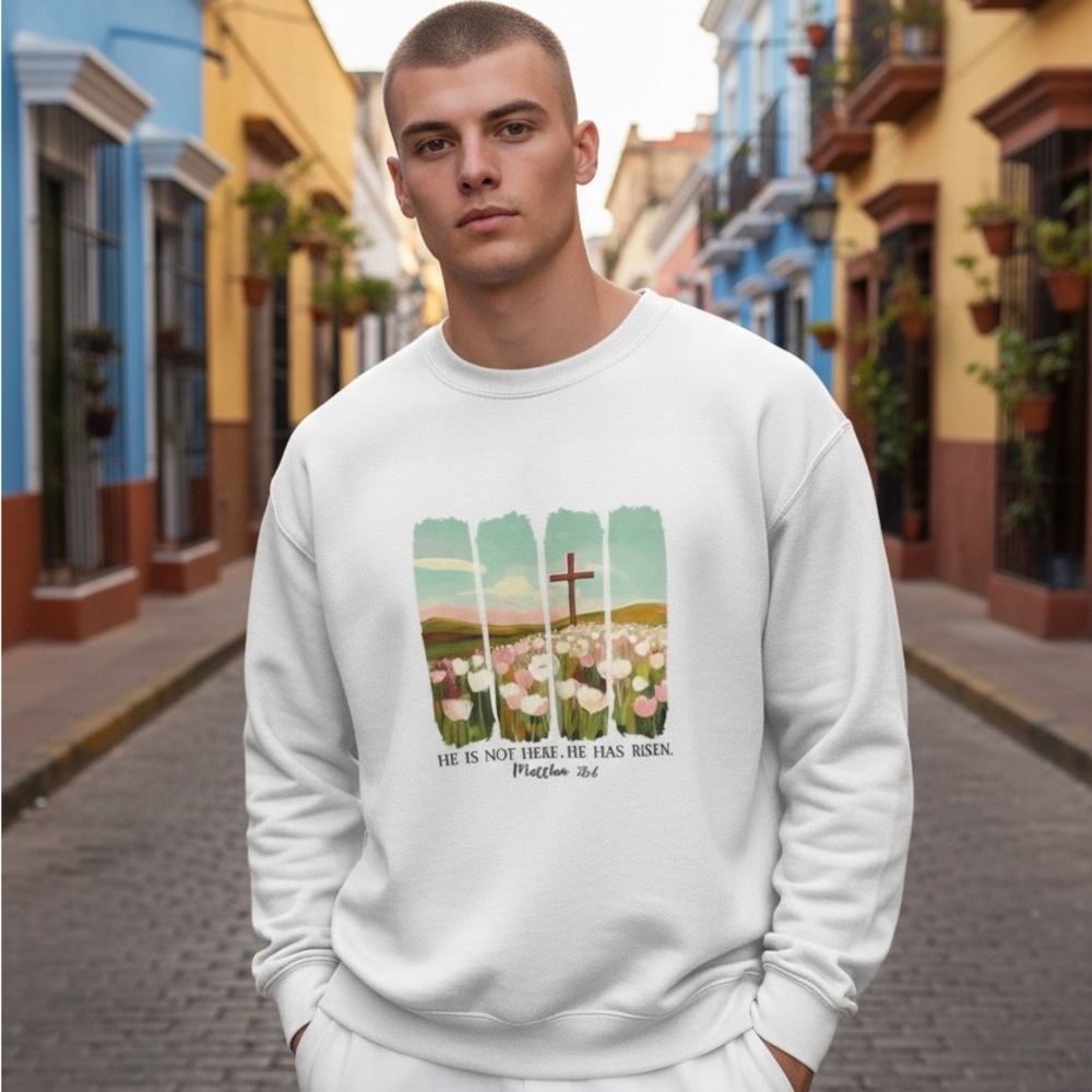 He is not here he has risen. Men White Graphic Sweatshirt’s size L